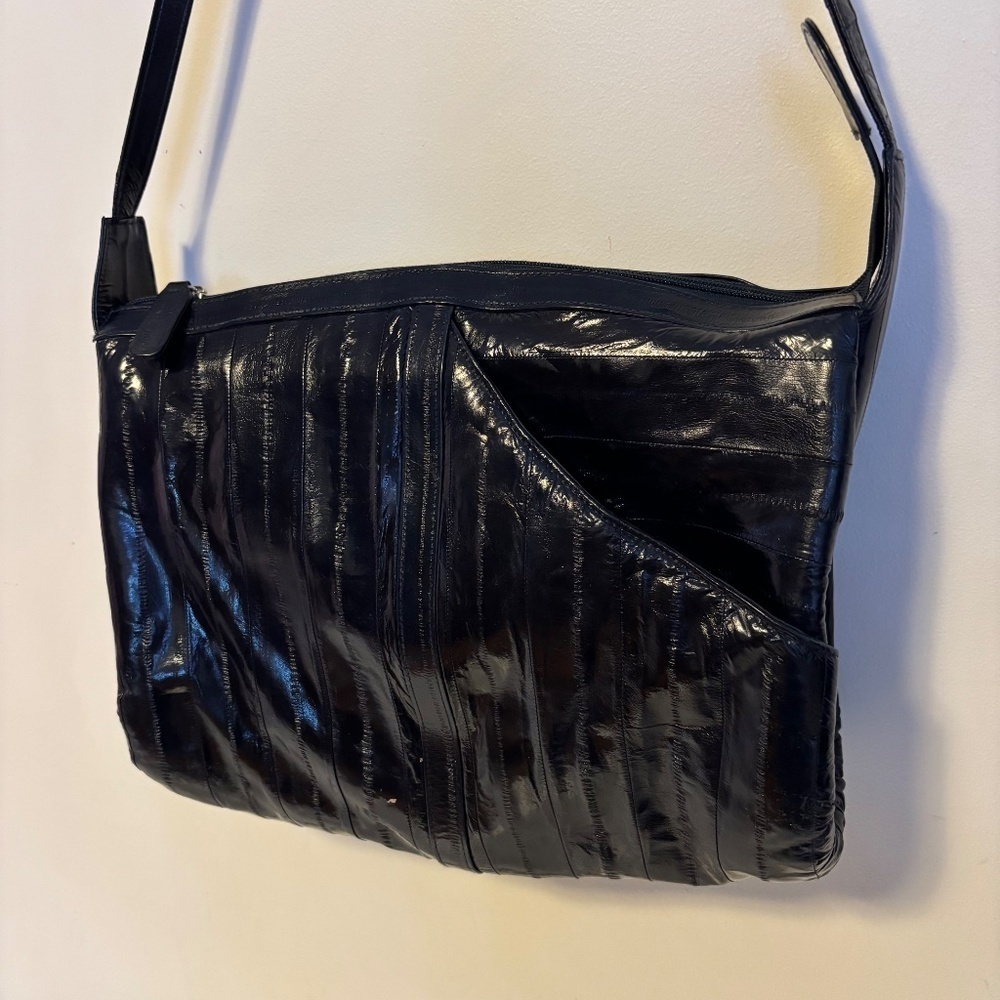 Lee Sands Eel Skin Zip Shoulder Crossbody Satchel Bag Purse Black 12” x 11” - Picture 3 of 4
